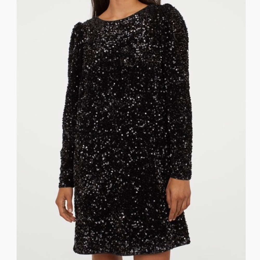 H&M Black Sequin Long Sleeve Dress – NWT, Fully Lined, Size S